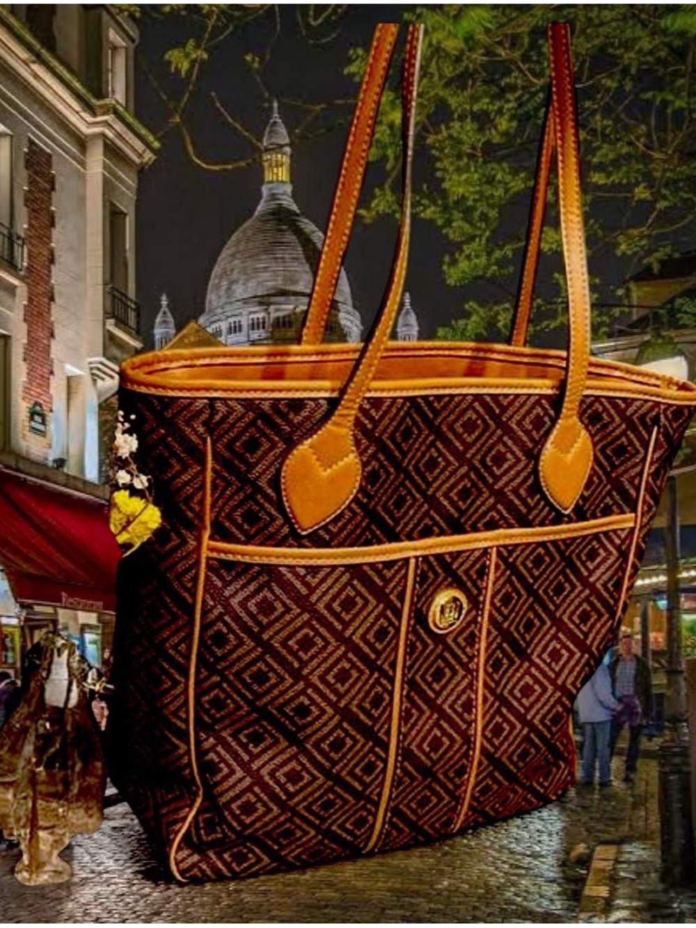 Classic Brown Patterned Tote with British Tan Trim - Women's Bag